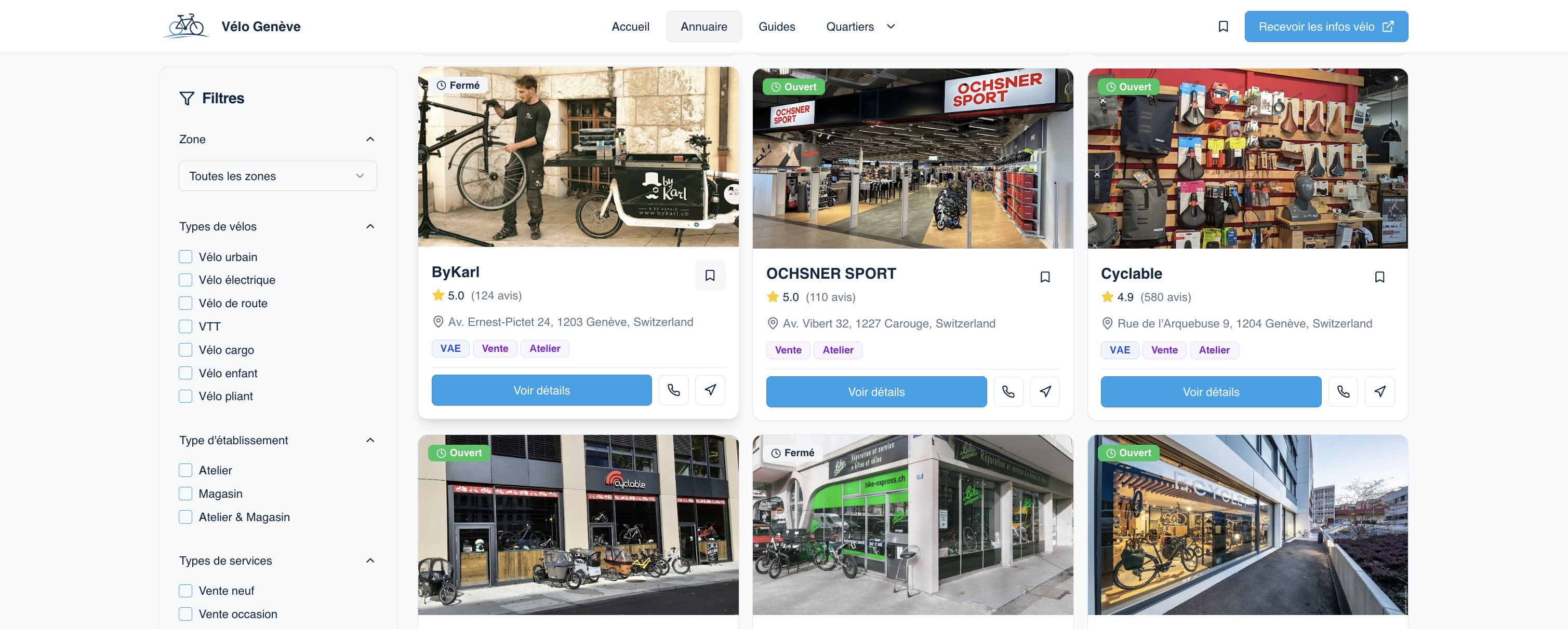 Site web VéloGenève, annuaire cycliste à Genève