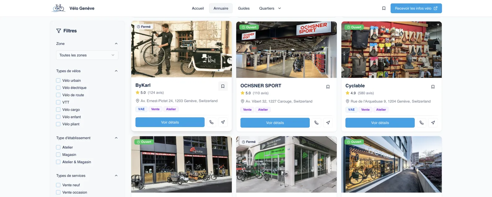 Site web VéloGenève, annuaire cycliste à Genève